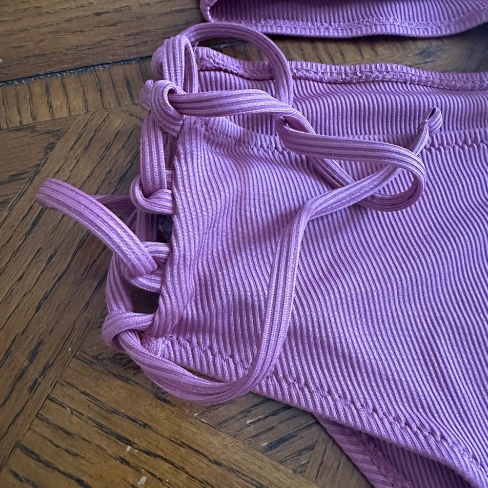 ZAFUL V Neck Bikini Set Ruched Tie Front High Waisted Ribbed 2 Piece 6 M - Picture 6 of 9